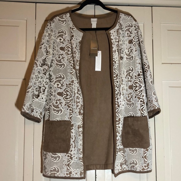 NWT Chico’s Duster Lace Faux Suede Detail 3/4 Sleeve Jacket SZ 2 - Picture 1 of 8